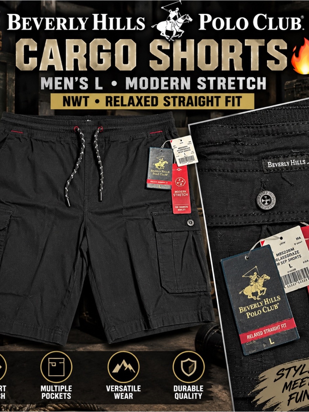 Beverly Hills Polo Club Cargo Shorts Mens L Black Stretch NWT Relaxed Fit 23”